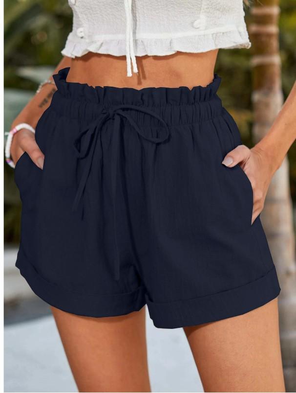 

2025 Summer Women s Casual Loose Solid Color Fashion Shorts L темно-синий