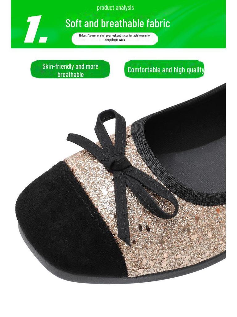 2025 New Women's French-Style Sequined Bow Flats: Square Toe, Shallow Mouth Evening Shoes