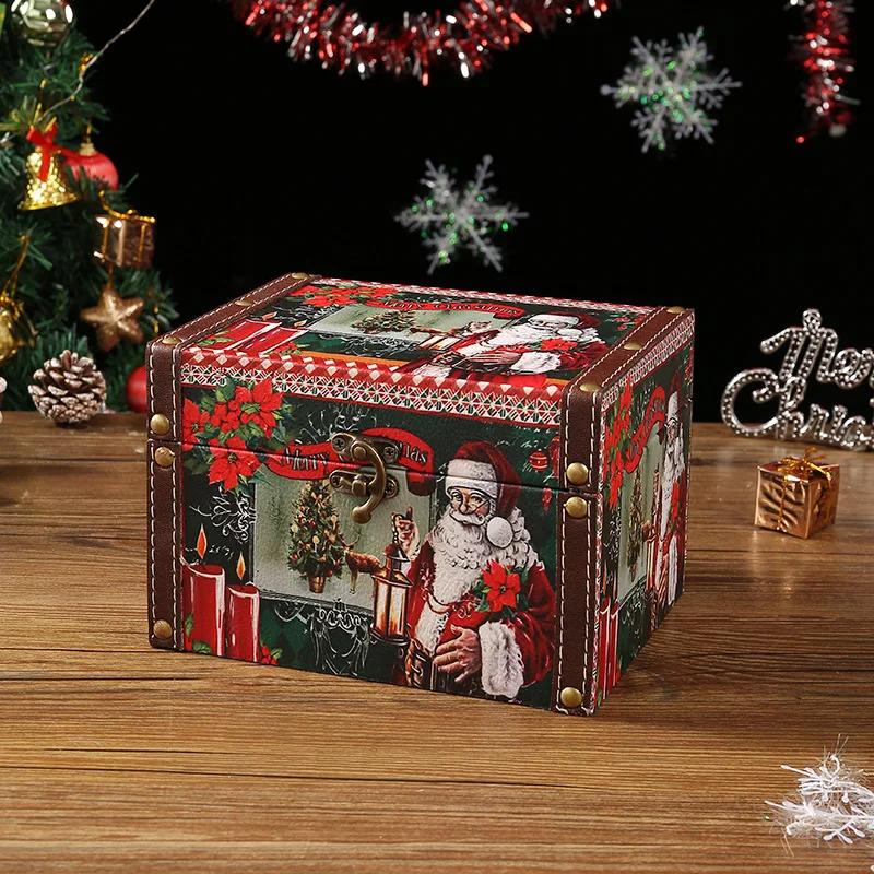 Christmas Themed Retro Leather Candy Box, Mini Wooden Jewelry Box with Lock, Dust-proof Storage for Living Room and Bedroom