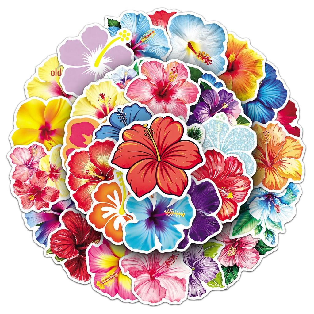 50 Tropical Hibiscus Flower Stickers - Waterproof Colorful Decorations for Water Bottles