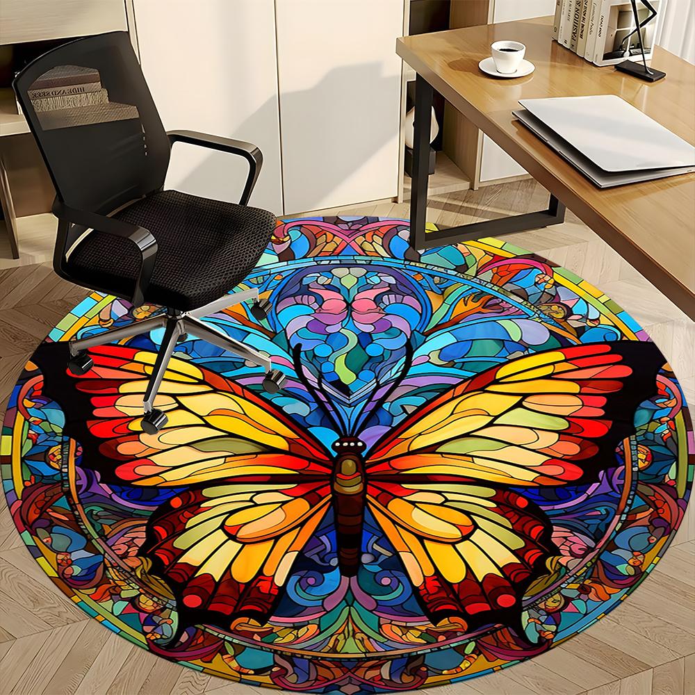 1pc Butterfly StainedGlass Office Round Area Rug, Indoor Mat Suitable ForOffice, Under Office Chairs Bedroom Living Room Home Decor, Room Decot022
