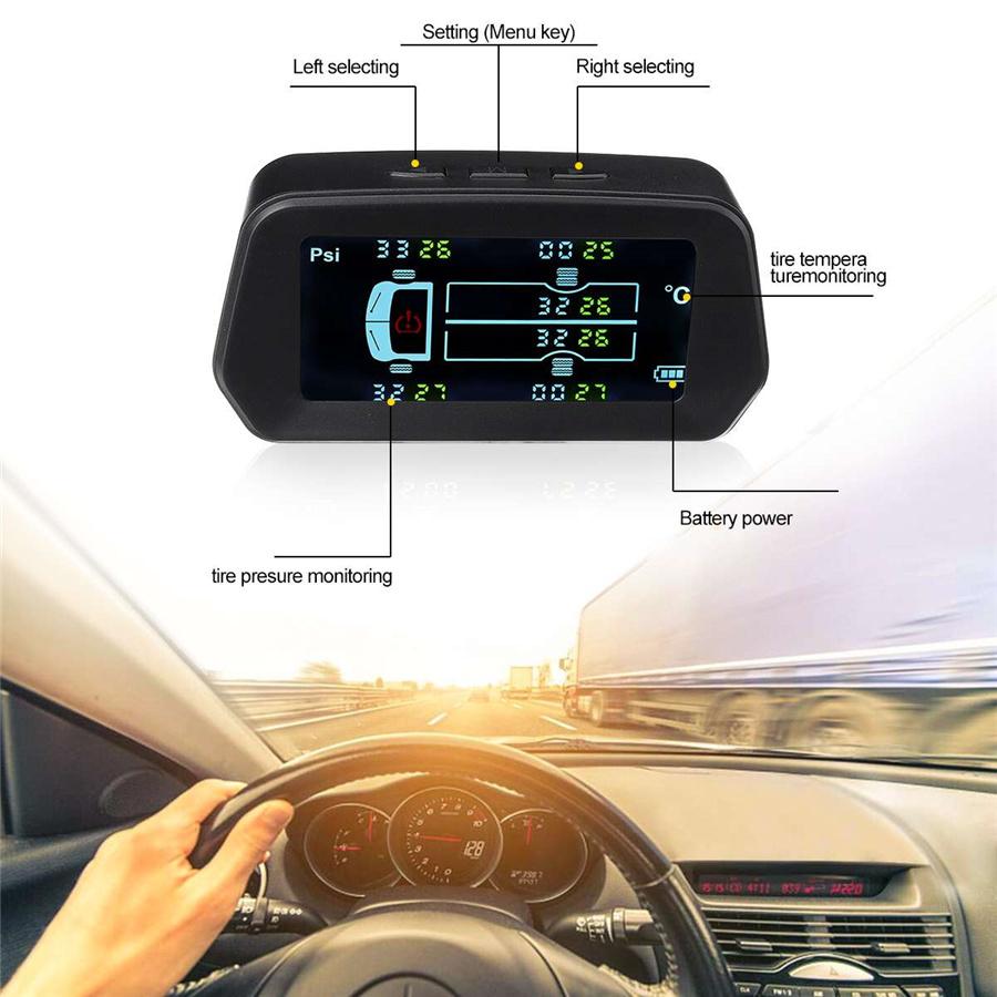 TPMS Car tire pressure monitoring system 8bar with solar panel, LCD display and 6 external sensors, ble alarm