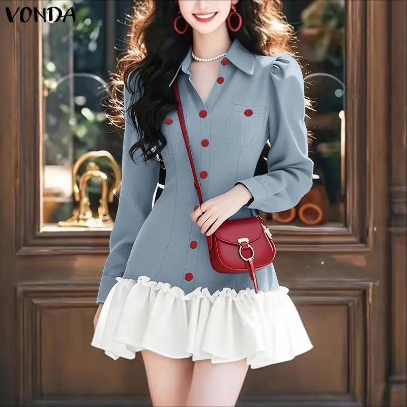 VONDA Women Casual Round Neck Puff Sleeve Patchwork Ruffled Hem Mini Dress