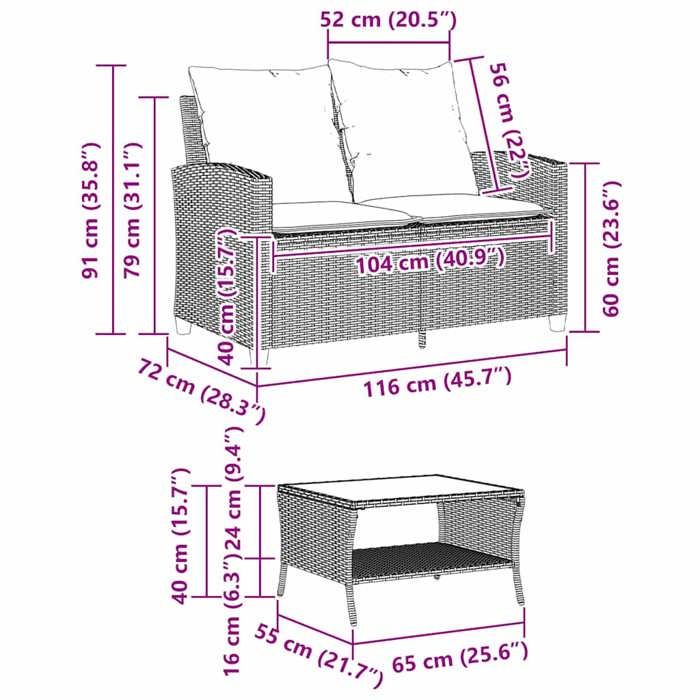 VidaXL Garden Sofa 2-seater Cushions and Table Grey Braided Resin, Outdoor Sofa, Garden Loveseat, Sofa of 4103847