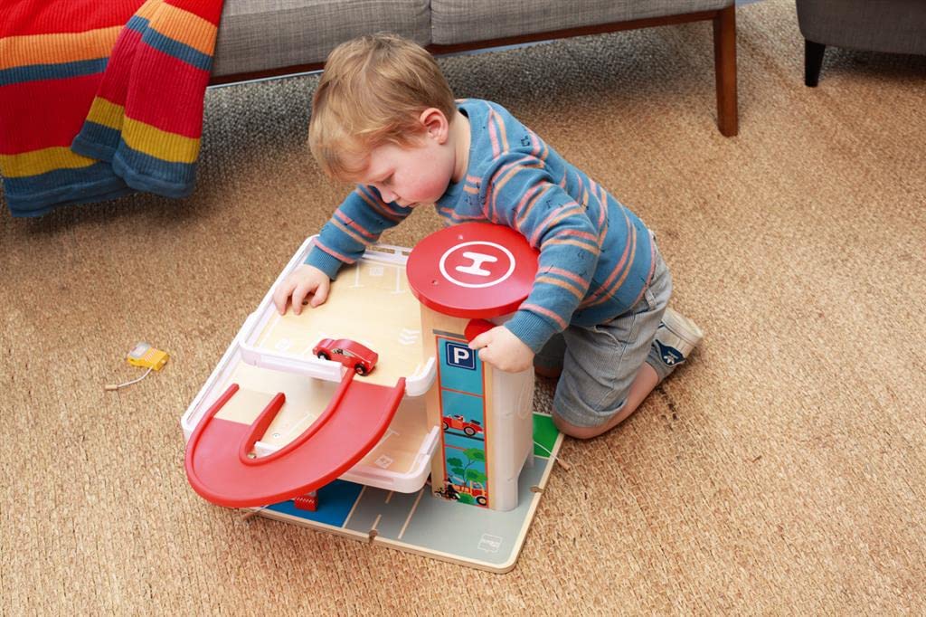 Scratch Wooden Multi-Story Parking Lot with Elevator, Wooden Toy, Ride-On Slope Toy, 6181085, Authentic