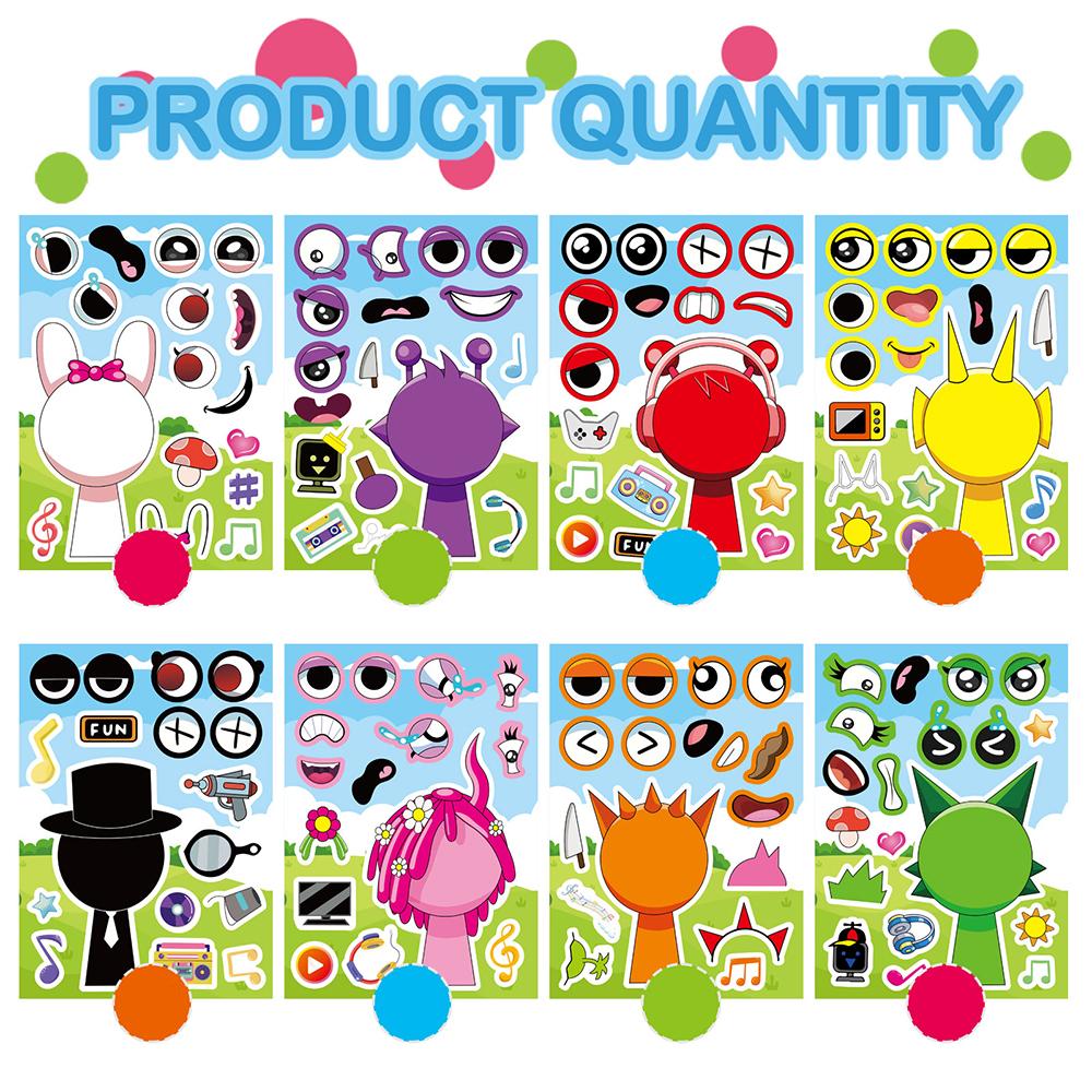 8/16Sheets Anime Sprunki Funny Puzzle Sticker Make a Face Decals Game Kids Toys Cartoon Assemble Jigsaw Children Party Gift