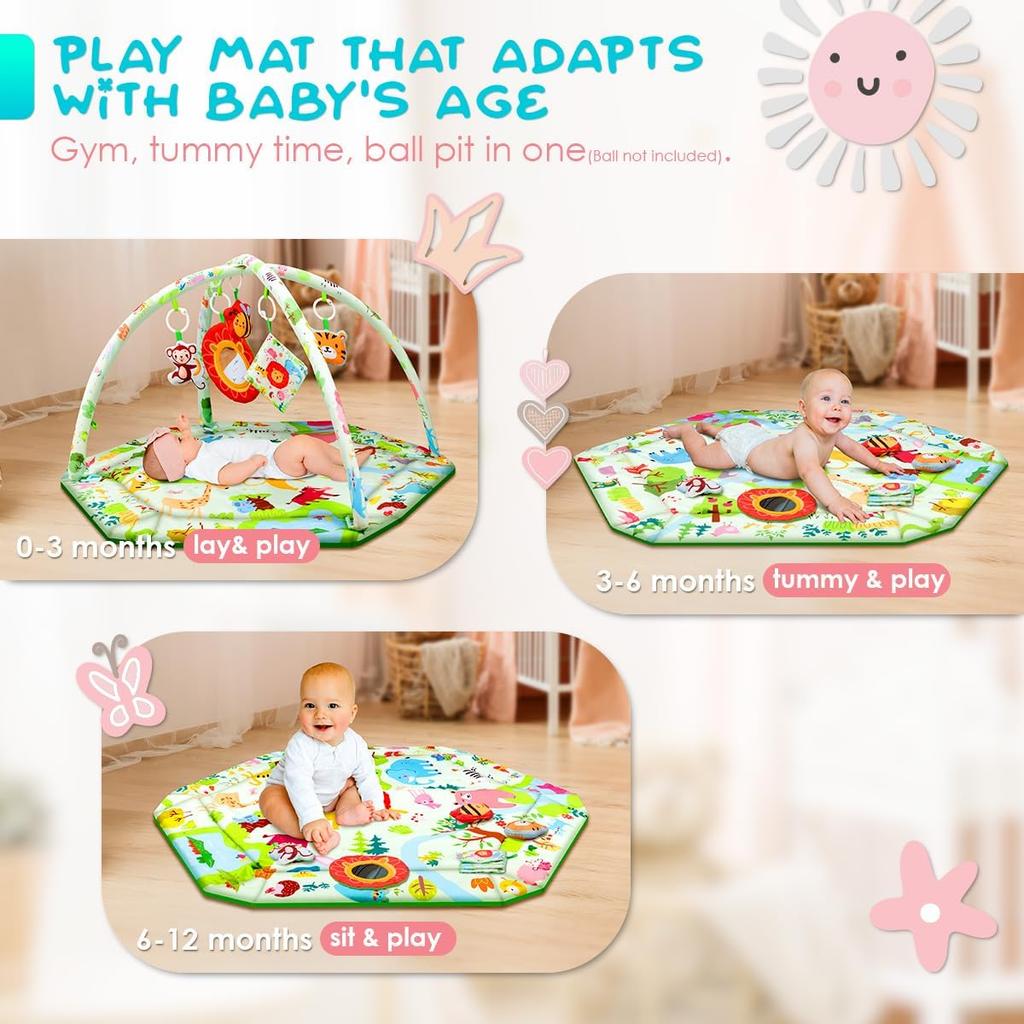 Baby Play Mat,Tummy Time Mat with 6 Detachable Toys-Activity Gym for Visual, Auditory & Motor Development-Washable Baby Activity Mat for 0-12 Month