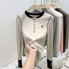 Splicing Contrasting Color Round Neck Long-sleeved Shirt Women's Spring Slim-fitting Chic Inner Bottoming Shirt Autumn and Winter Button-up Top