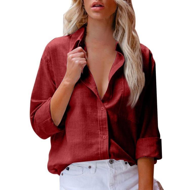 Classic Lapel Blouse Long Sleeve Button Shirt Women's Cotton Linen