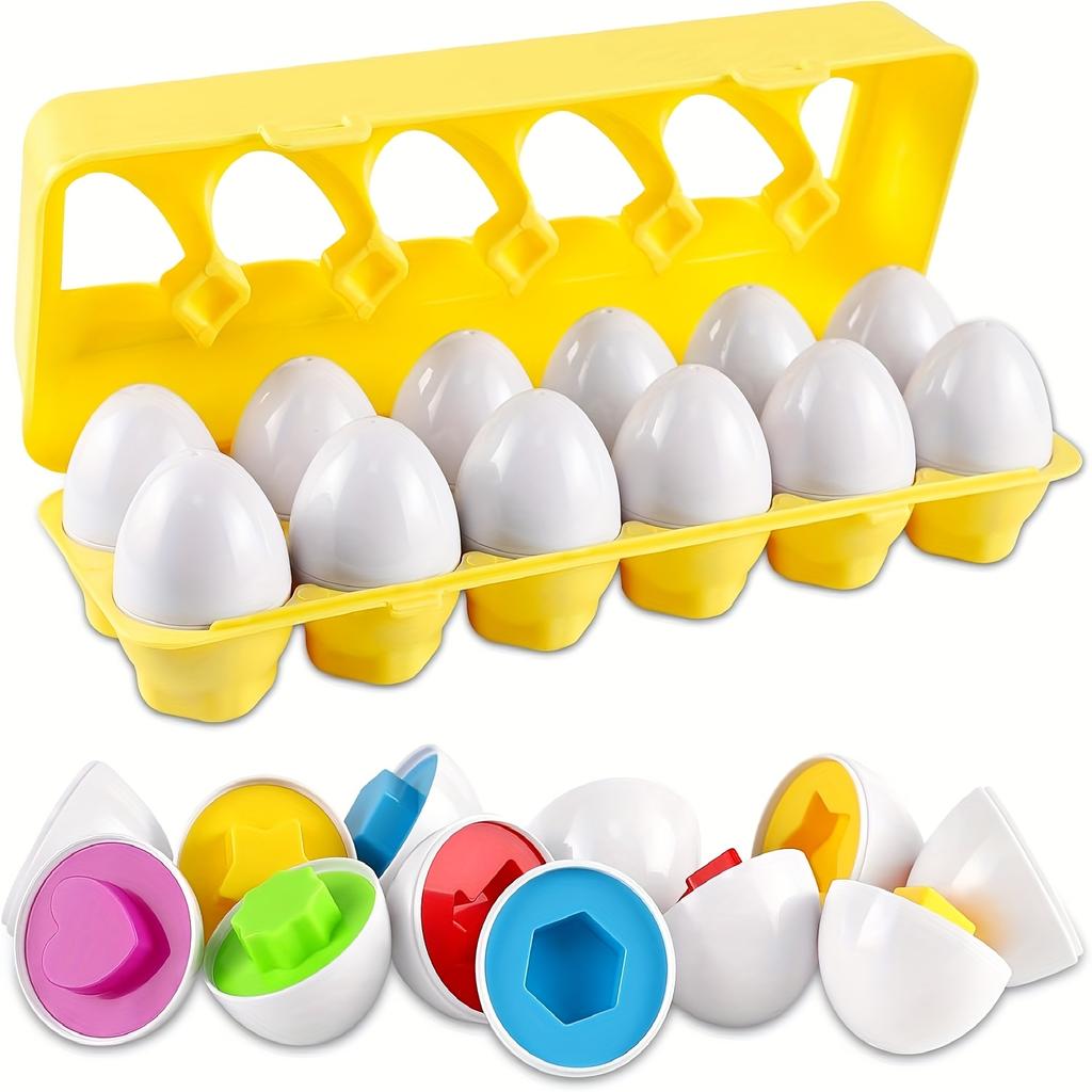 12-Piece Educational Egg Matching Game - Teen Color and Shape Sorting Puzzles, Random Colored Early Learning Toys, Durable Plastic Knot