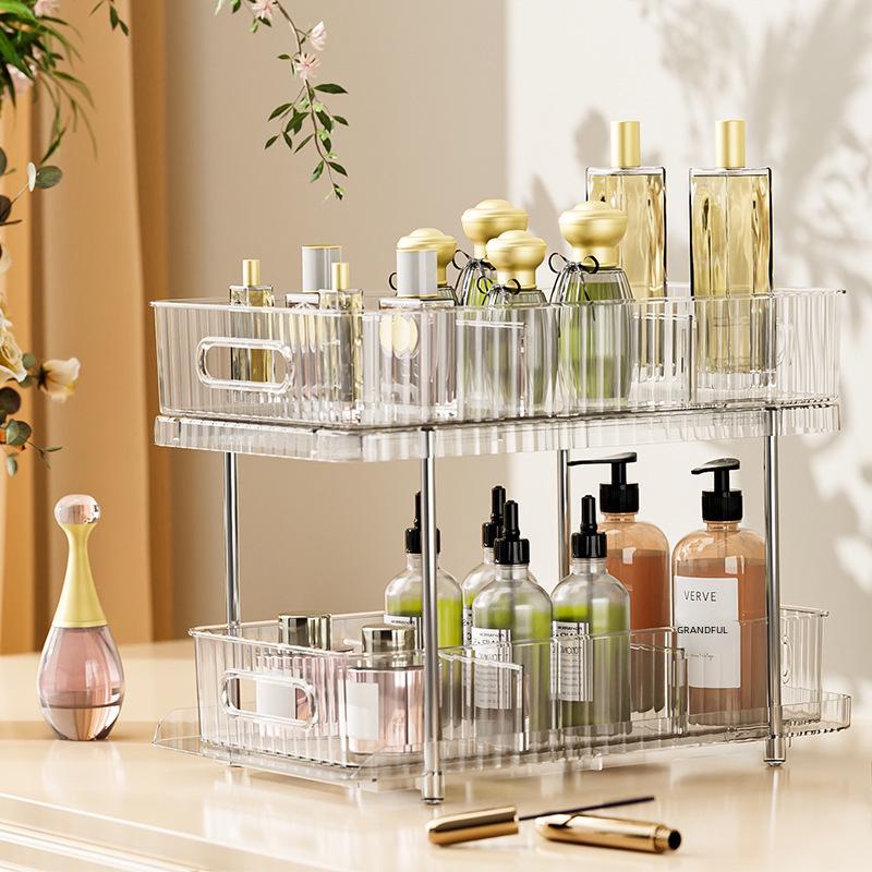 Double-Layer Pull-Out Cosmetic & Kitchen Storage Rack with Transparent Drawers