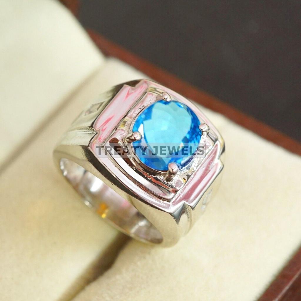 Blue Topaz Oval Cut Gemstone With 925 Sterling Silver Ring For Men's #A872 JL375669019220