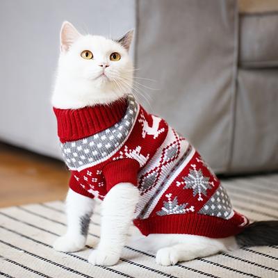 Świąteczny sweter dla kota i psa - Renifer Płatek Śniegu Wzór Diamentowy Czerwono-Biały Pulower, 100% Akryl Ciepły Zimowy Płaszcz