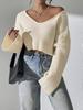 European & American V-Neck Loose Fit Cropped Sweater - Women's Ribbed Knit for All Seasons