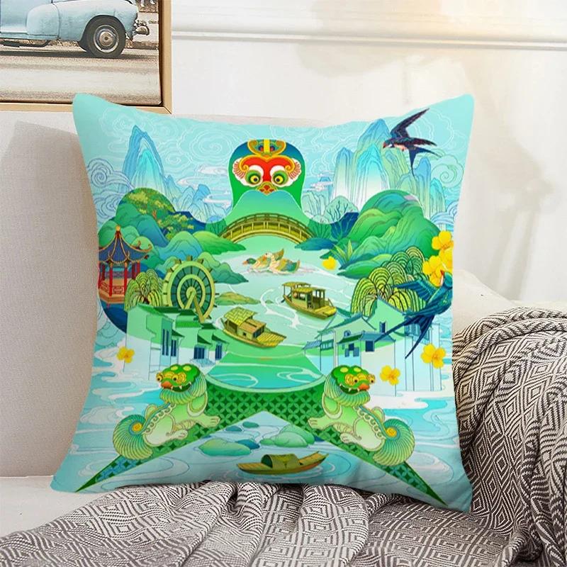 Decorative Sofa Cushion Cover 40x40 Chinese Style Landscape Pillowcase 50x50 Cushions Covers Car Decoration Pillow Home Decor