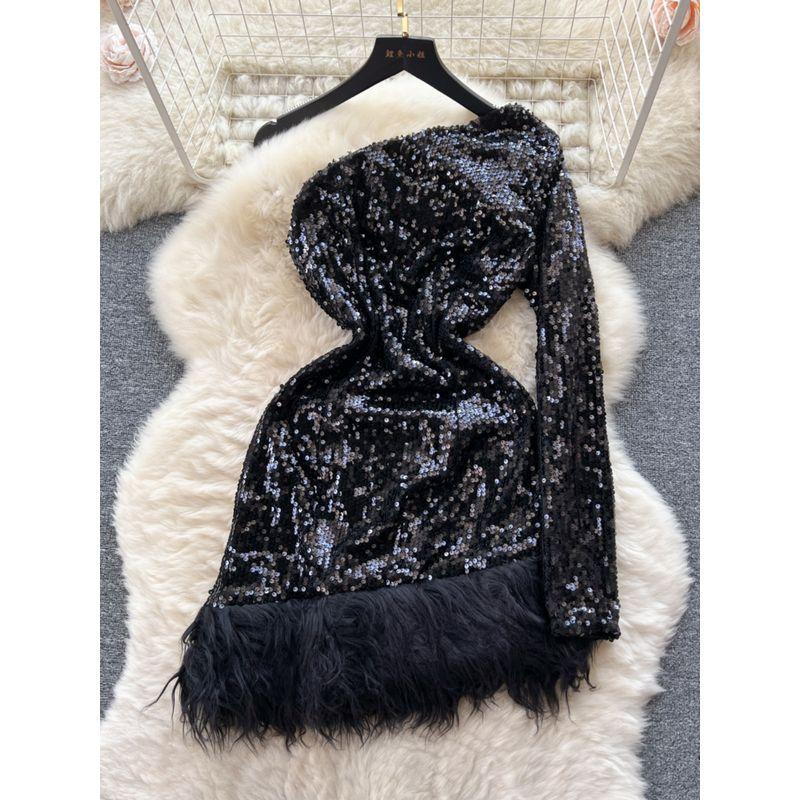 Fancy Dress Skirt Classy Light Luxury Minority One-Shoulder Cold-Shoulder Long-Sleeved, Slim-Fit, Short Sequin Furry Dress Women