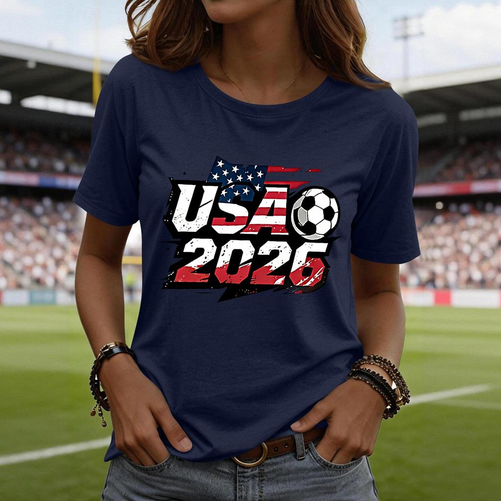 Women’s Short Sleeve Crewneck T Shirt with USA 2026 Graphic Print Soccer Ball Casual Loose Fit Top Tee