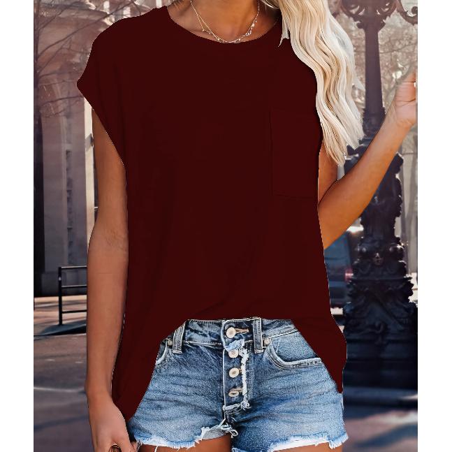 2026 Summer New Women's Solid Color Round Neck Pocket T-Shirt, Loose Casual Side Slit Short Sleeve