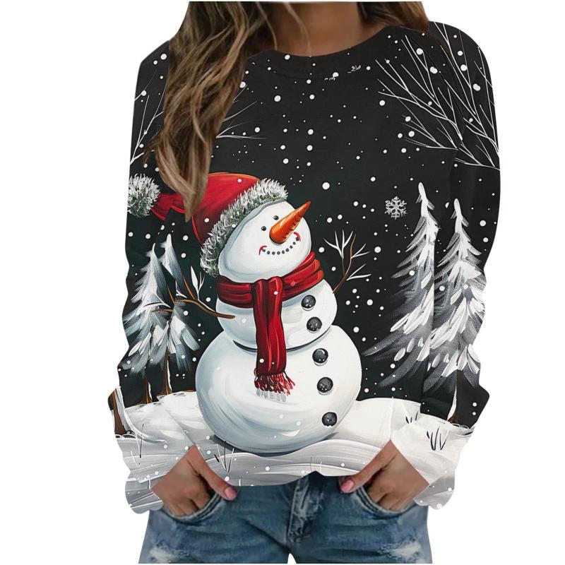 Christmas Snowman Pattern 3D Print Women Round-neck Sweatshirt Fashion Autumn Santa Claus Long Sleeve Cute Ladies Tee Pullover
