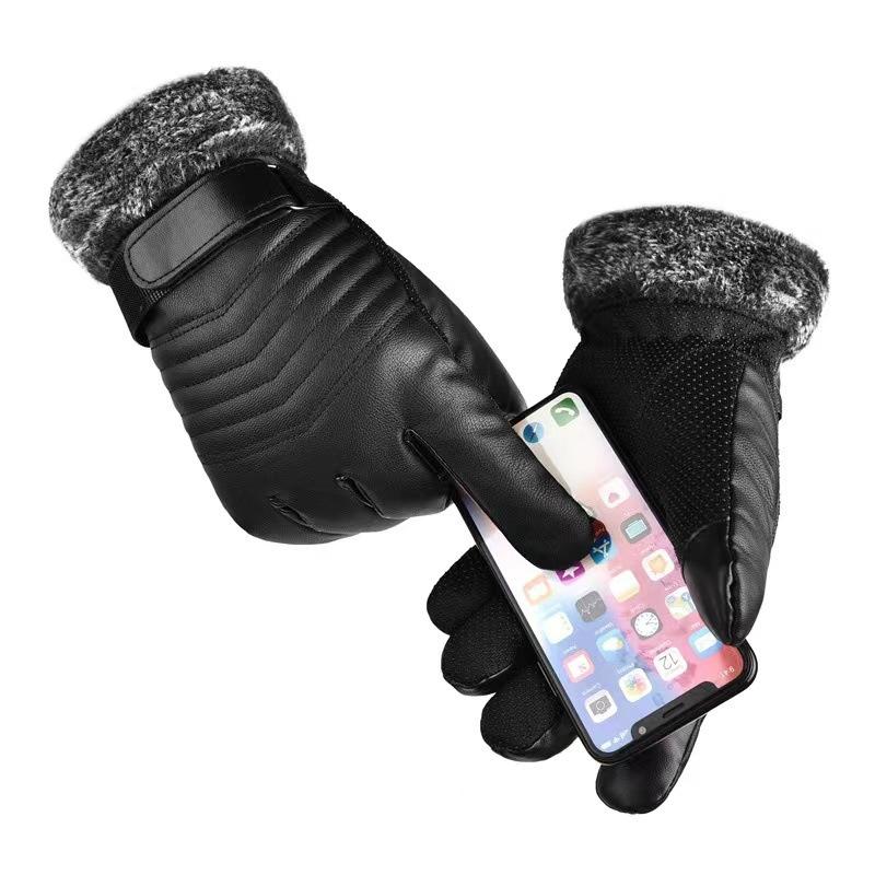 Leather Gloves Men's Winter Cycling Windproof Waterproof Piled Thickened Warm Motorcycle Riding Gloves Winter Touch Screen