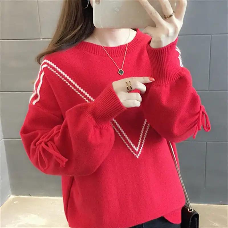 Sweater for Women Autumn Winter Thickened Pullover Round Neck Knitted Round Neck Stretchy Long Sleeve Bottoming Shirt Oversize Jumper Tops