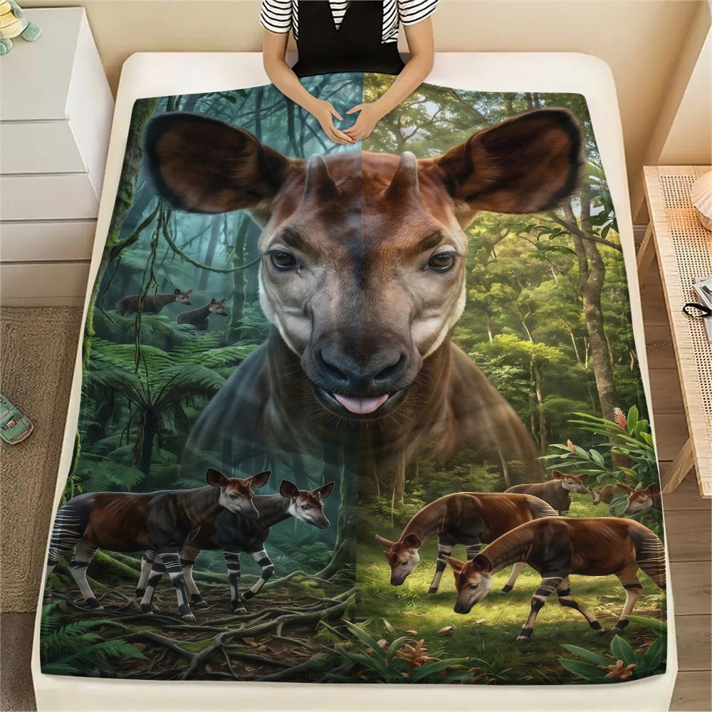 1PC The Clever Okapi  Print FlAannel Blanket, High Quality Comfortable for All Seasons, Home Decor, Warmth and Comfort