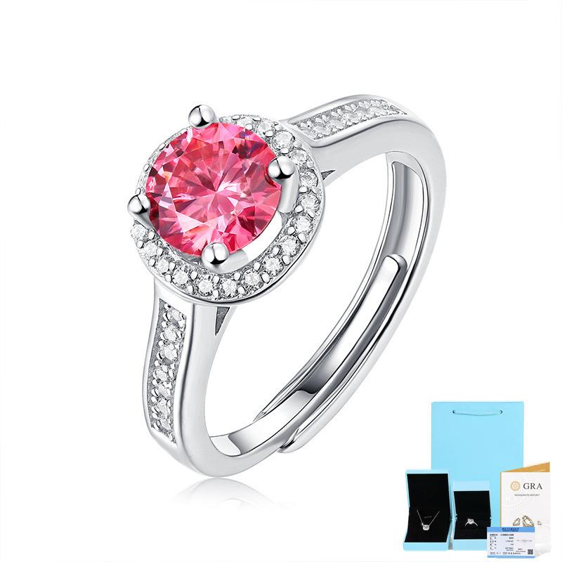 Bague Ringen S925 Silver Set 1ct Moissanite Luxury Round Bag Color Women's Six-prong Pink Adjustable Opening Ring