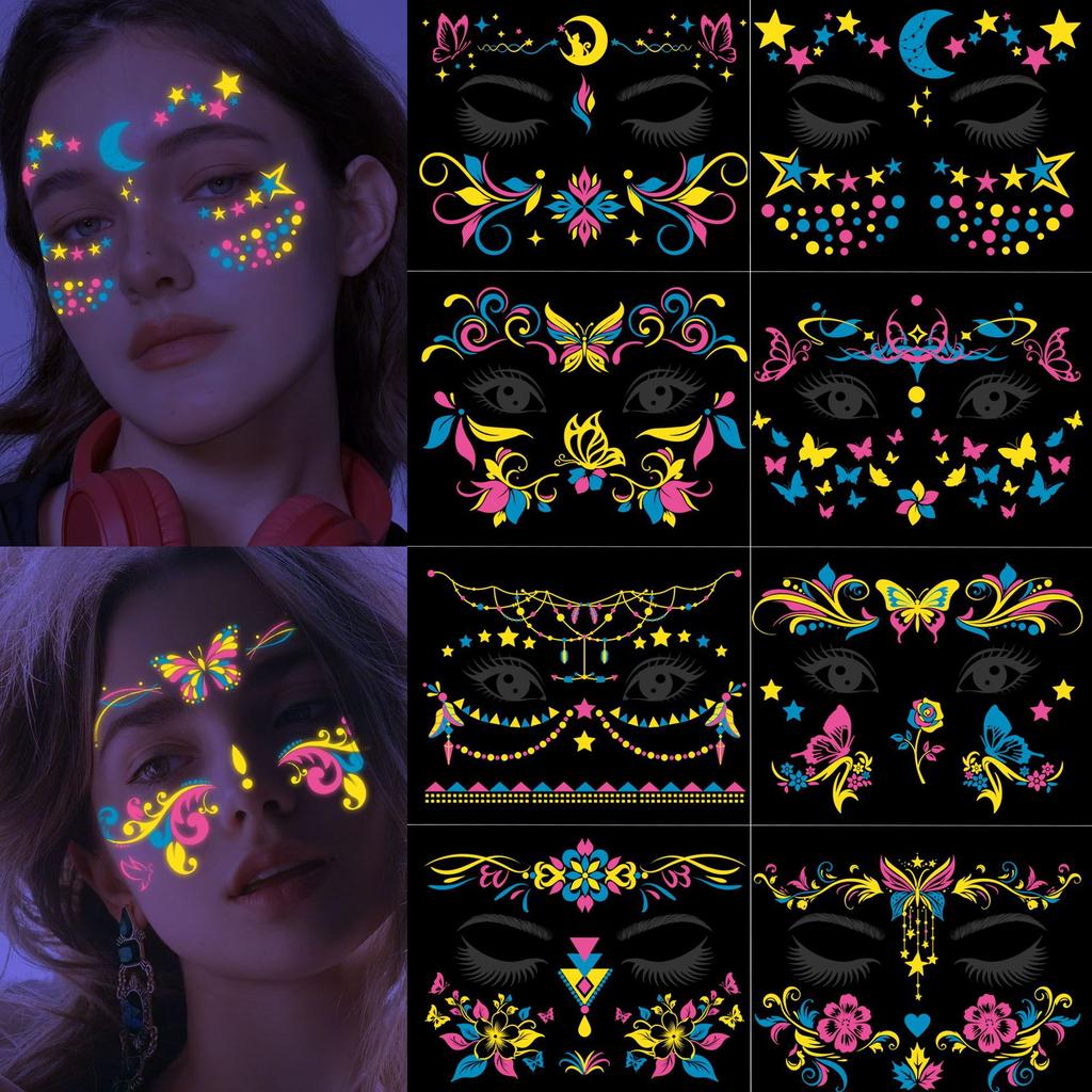 Face Tattoo Sticker Butterfly Temporary Tattoo Waterproof 4 Sheets UV Fluorescence Temporary For Women  High Quality