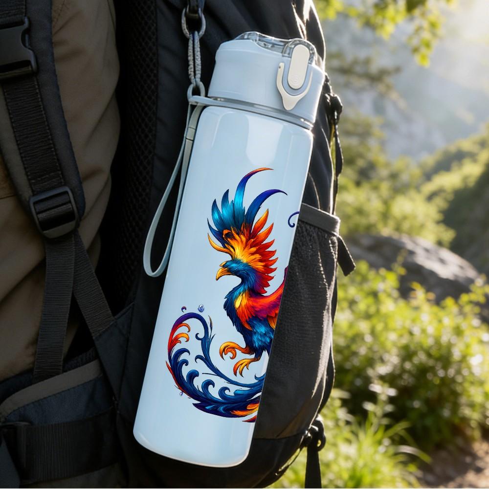 1PC Phoenix Bird Fire Pattern 750ml Color Plastic Sports Water Bottle Leakproof Flip Straw Lid Suitable for Sports Office Home Use