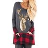 Womens Christmas Tops Plaid Splice Hem Long Sleeve Cute Tunic Blouse