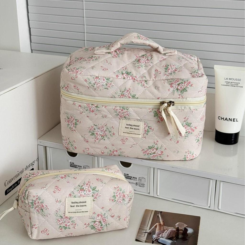 Floral Plaid Quilted Makeup Bag - Large Capacity, Portable Wash Bag