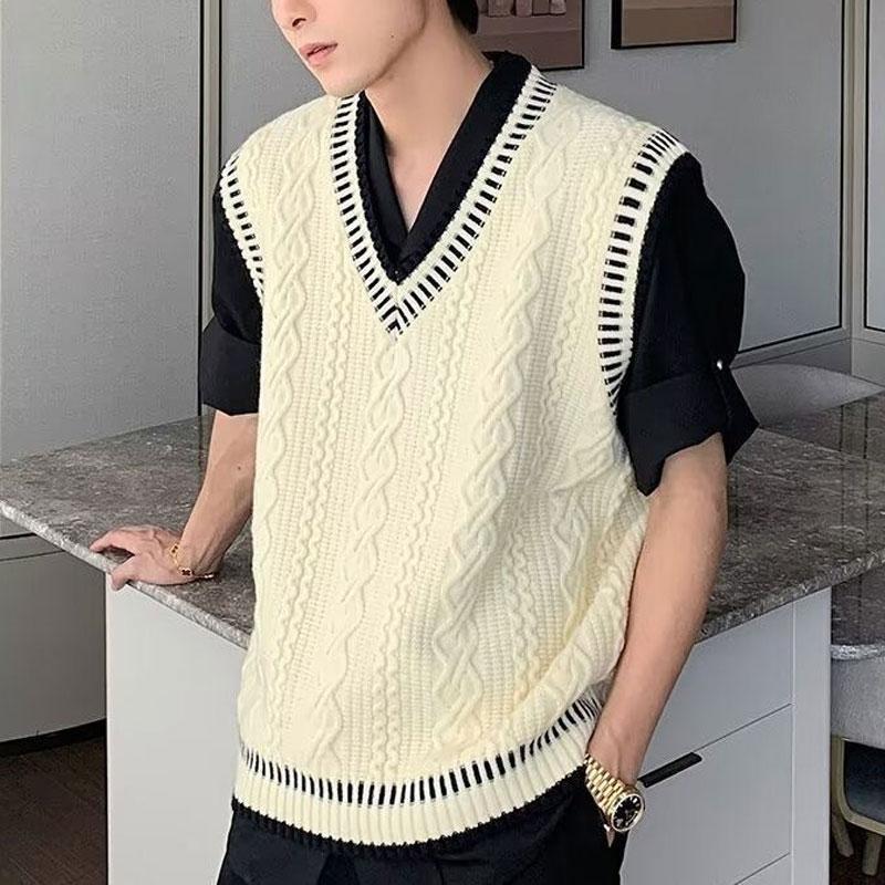 Vintage Sweater Vest Knitted Autumn Winter Sleeveless Men's Preppy Style Loose Casual V-Neck Sweaters