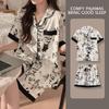 Women's Cartoon Cat Pajama Set - Summer Cardigan, Short Sleeve, Shorts, Loose Plus Size Loungewear