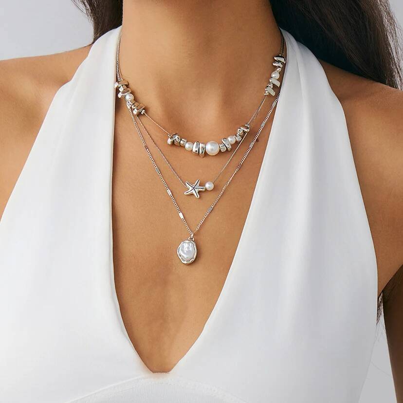Salircon 3Pcs/Set Exquisite Irregular Imitation Pearl Starfish Pendant Necklace Women Trendy Clavicle Chain Summer Beach Jewelry