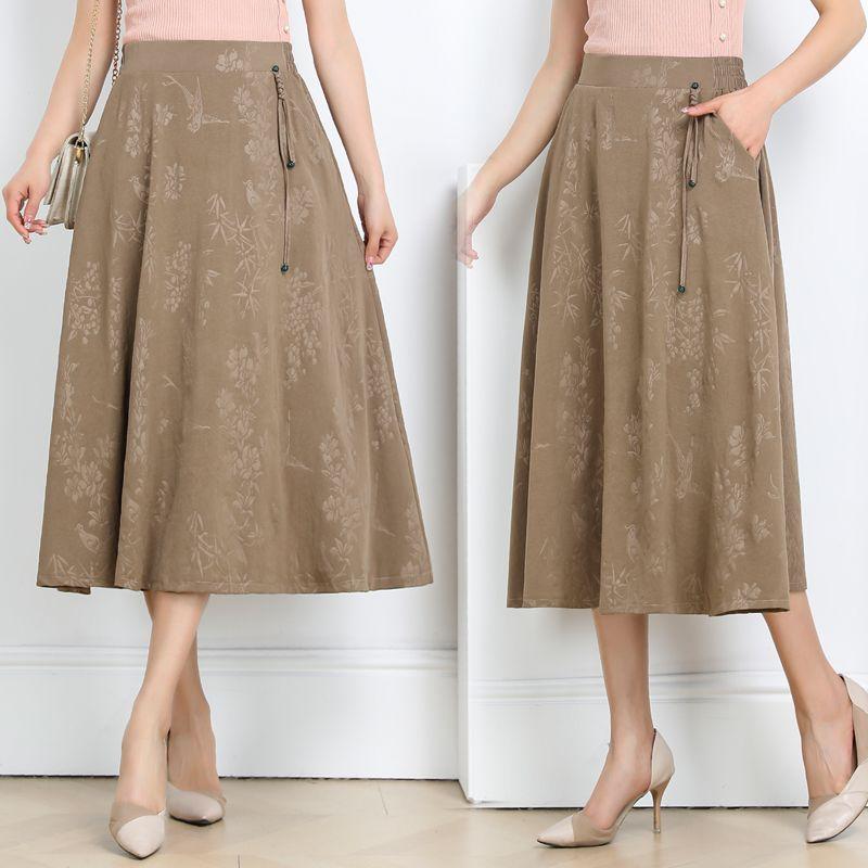 Damen Jacquard Midi Rock im chinesischen Stil, hohe Taille, A-Linie, mit Taschen
