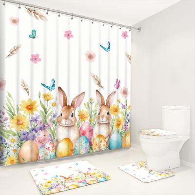 1/4pcs Happy Easter Bunny Eggs Waterproof Shower Curtain Set Decorative Bathroom Set Non-Slip Carpet Toilet Cover Bath Mat And 12 Hooks