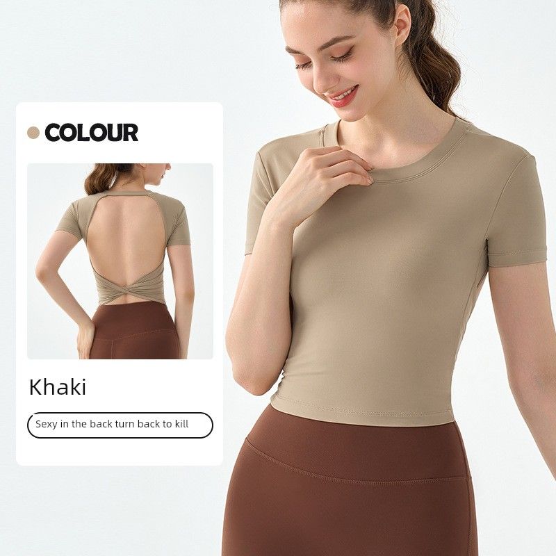 

Yoga Clothes Short Sleeve with Chest Pad Sexy Beauty Back Fitness Clothes Tops Women s Fashion Outwear Waist-Tight Slim Looking Sports T-shirt Khaki S