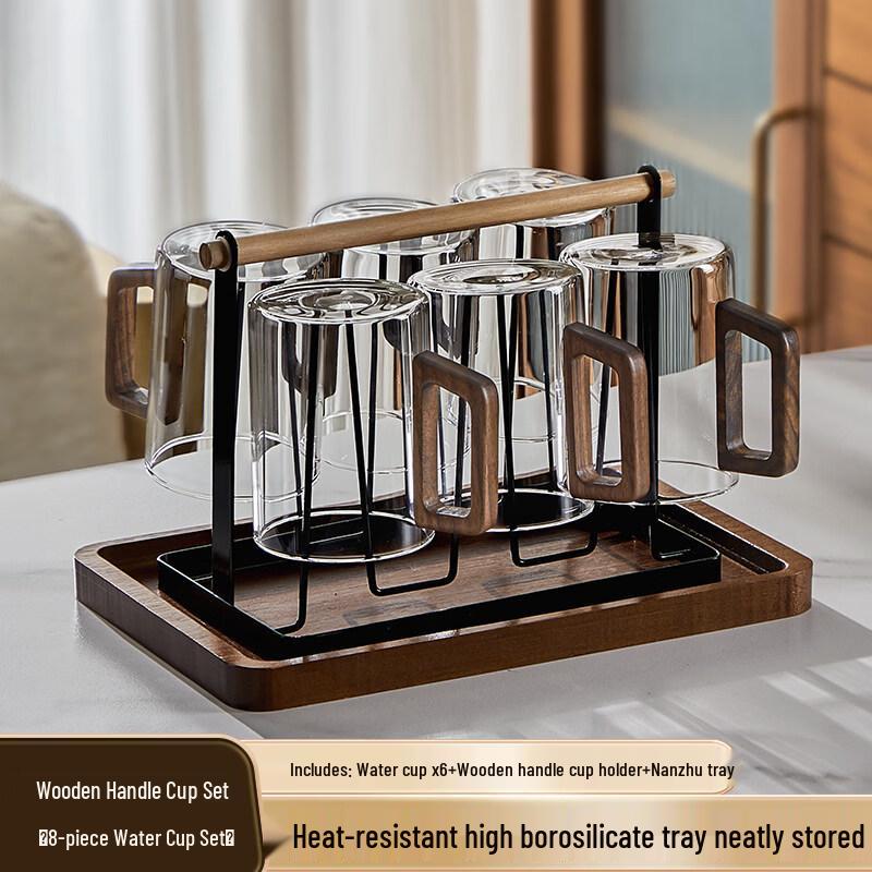 Jimi Borosilicate Glass Cup Set with Wood Holder & Tray