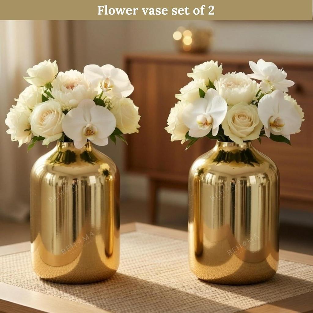 Metal Flower Vase Set of 2, Gold | Modern Metal Flower Vase In Gold –  Displays for Living Room – Great Wedding Gift (Set of 2)