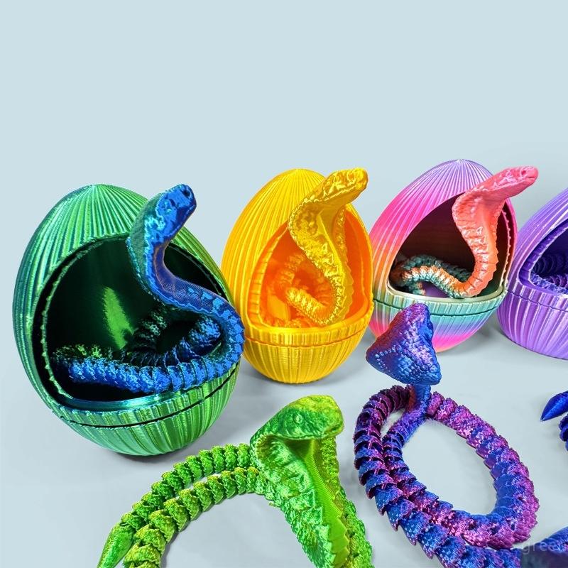 3D-gedrucktes Kobra-Schlangen-Ei-Set Flexibles Schlangenmodell Rotierendes Öffnen Schließen Ei-Figur Schreibtischornament Kinderspielzeug Neuartige Geschenke