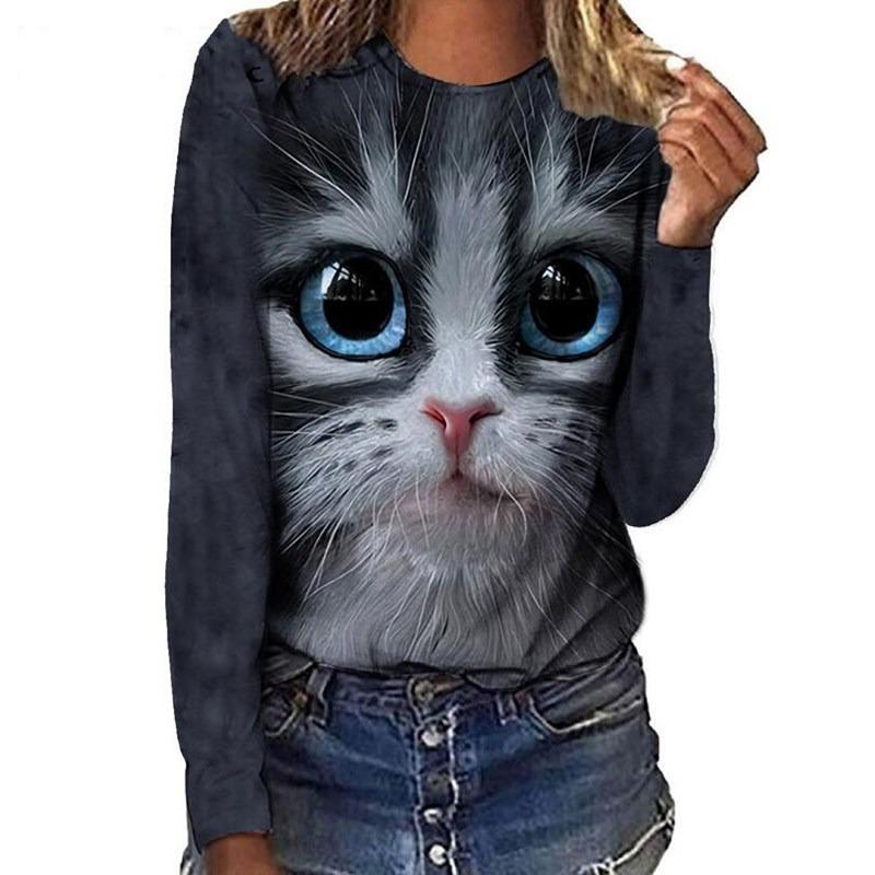 

Осень Зима Горячая Распродажа Футболка с Принтом Букв и Кота с Круглым Вырезом и Длинным Рукавом S