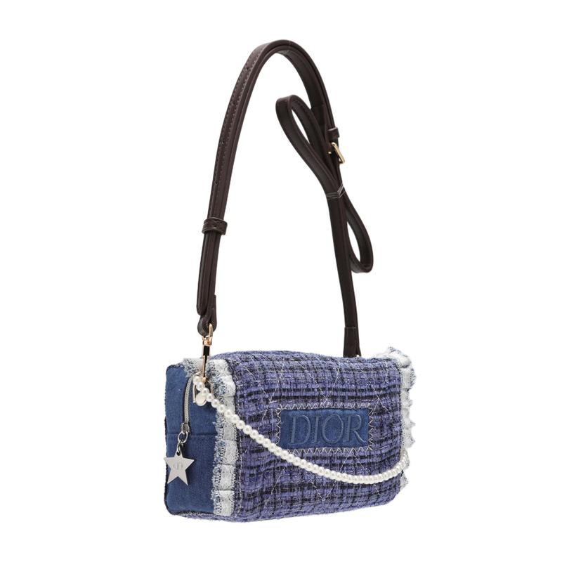 DIOR DIY Style Cosmetic Bag Canvas Rebellious Daughter Denim Thick Flower Sewing Splicing Lace Pearl Chain Decoration Daily Commuting Trendy
