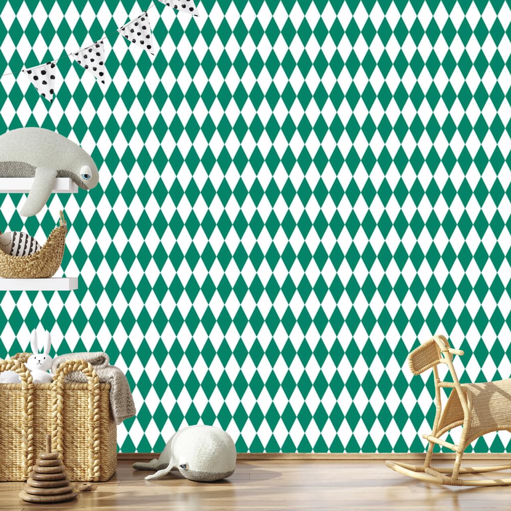 Harlequin Diamonds Wallpaper In Teal, White and Mint 50x1000