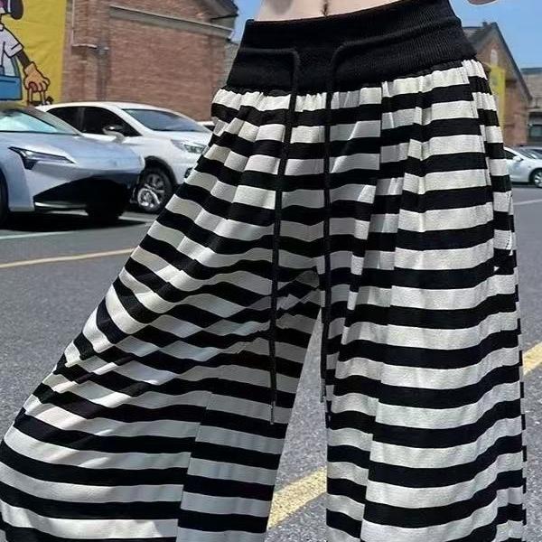 Subculture Women Pants Y2K Striped Cartoon Print Casual Wide Leg Trouser Spring Autumn Punk Harajuku Sweet Sweatpants
