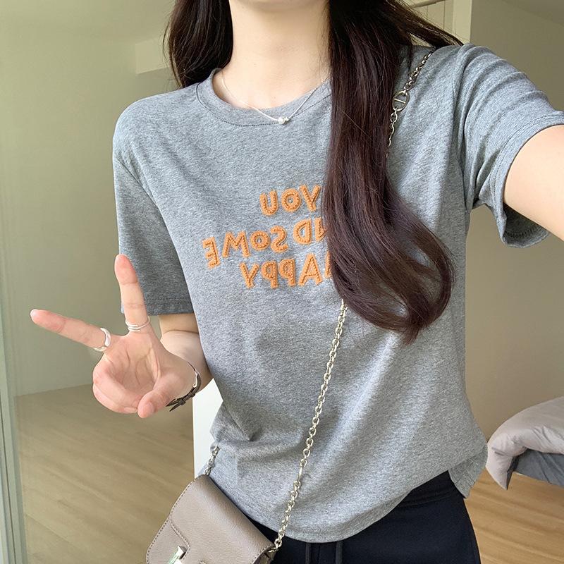 Front shoulder thin design sense niche short sleeve women s summer new small slim short t-shirt on clothes S серый