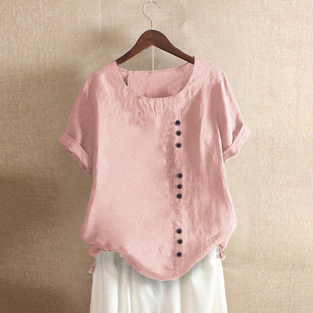 2024 Women's European & American Fashion Short Sleeve Casual Cotton Linen Top with Button Detail