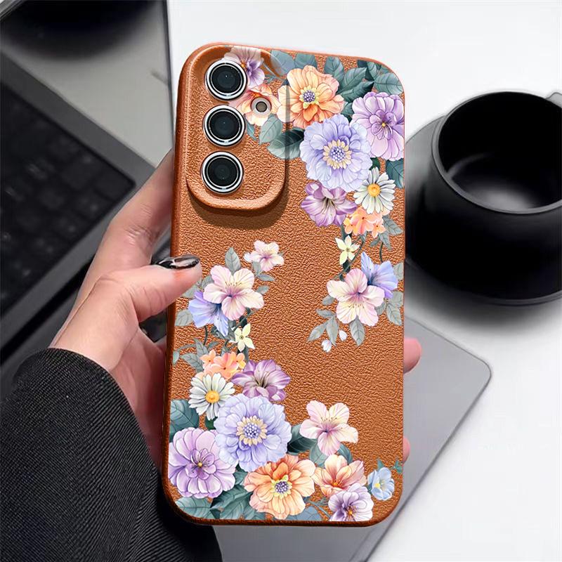 Flowers Leather Texture TPU Case For Samsung Galaxy S25 S24 S23 Ultra S24 FE S22 Plus A56 A55 A54 A16 A36 A15 A34 A26 5G Cover