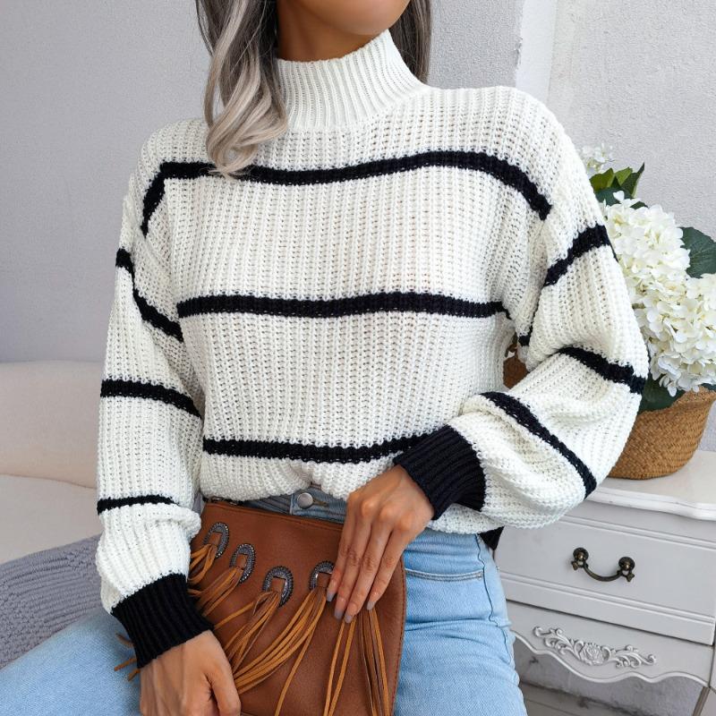 Striped Half High Collar Sweater Lantern Sleeve Knitted Pullover Women's Casual Top Thickened Warm Comfortable Autumn and Winter