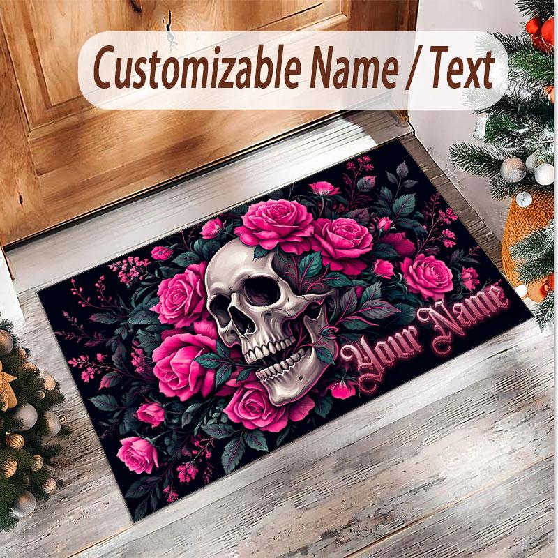Skull Gothic Theme Soft Crystal Velvet Rug Custom Name & Text Print Non Slip Floor Rug for Bedroom Living Room