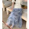 Dimanaf 2025 Summer Women New Skirts Vintage Mesh Elastic Pleated Elegant Blue Long Skirts Lace High Waist